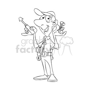 felix the cartoon handy man character holding a screw driver black white clipart. Commercial use image # 397834