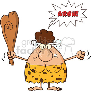 clipart - angry brunette cave woman cartoon mascot character holding up a fist and a club vector illustration with speech bubble and text argh.