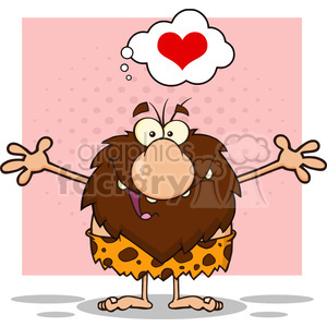 clipart - smiling male caveman cartoon mascot character with open arms and a heart vector illustration.