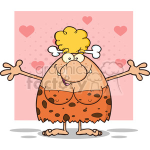clipart - smiling cave woman cartoon mascot character with open arms vector illustration isolated on pink background with hearts.