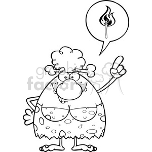 black and white smiling cave woman cartoon mascot character with good idea vector illustration with speech bubble and fiery torch