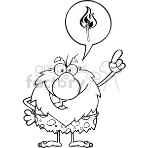 clipart - black and white smiling male caveman cartoon mascot character with good idea vector illustration with speech bubble and fiery torch.