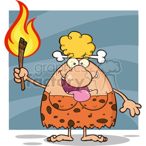 clipart - smiling cave woman cartoon mascot character holding up a fiery torch vector illustration.