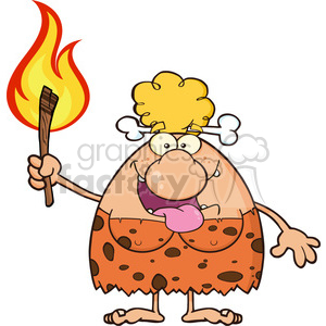 clipart - 9961 smiling cave woman cartoon mascot character holding up a fiery torch vector illustration.