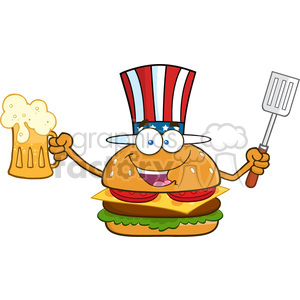 illustration happy american burger cartoon mascot character holding a beer and bbq slotted spatula vector illustration isolated on white background clipart.