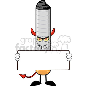 royalty free rf clipart illustration devil cigarette cartoon mascot character with sinister expression holding a blank sign vector illustration isolated on white background .