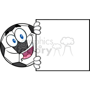 clipart - happy soccer ball cartoon mascot character looking around a blank sign vector illustration isolated on white background.