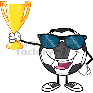 clipart - happy soccer ball cartoon character with sunglasses holding a golden trophy cup vector illustration isolated on white background.