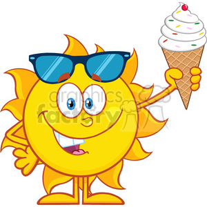10136 cute sun cartoon mascot character with sunglasses holding a ice cream vector illustration isolated on white background clipart.