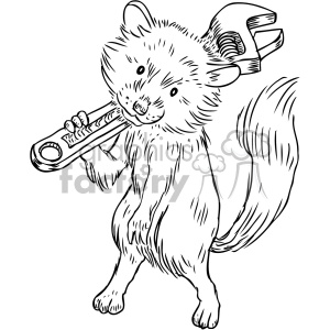 illustration outline black+white raccoon wrench tool animal mechanic mascot