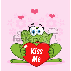 10665 Royalty Free RF Clipart Cute Frog Female Cartoon Mascot Character Holding A Valentine Love Heart With Text Kiss Me Vector With Pink Flowers Background clipart.