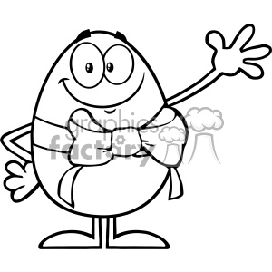 10945 Royalty Free RF Clipart Black And White Smiling Egg Cartoon Mascot Character With A Ribbon And Bow Waving For Greeting Vector Illustration clipart.