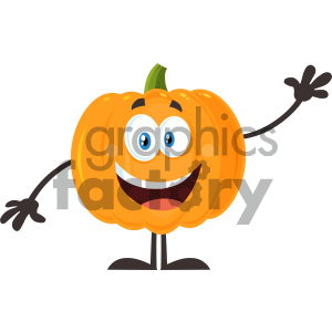 Happy Orange Pumpkin Vegetables Cartoon Emoji Character Waving For Greeting Vector Illustration Flat Design Style Isolated On White Background clipart.