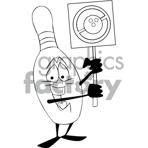 black and white cartoon bowling pin mascot character protesting
