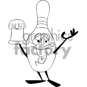 black and white cartoon bowling pin mascot character drinking a beer