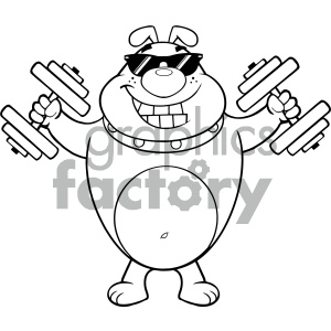 Black And White Smiling Bulldog Cartoon Mascot Character With Sunglasses Working Out With Dumbbells clipart.
