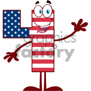 Royalty Free RF Clipart Illustration Happy Patriotic Number Four In American Flag Cartoon Mascot Character Waving For Greeting Vector Illustration Isolated On White Background clipart.