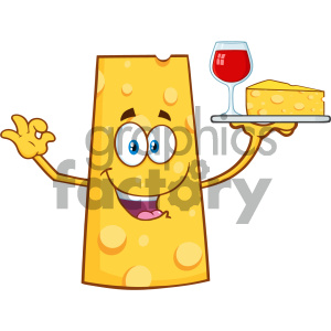 clipart - Cheese Cartoon Mascot Character Holding Up A Wine Glass And Wedge Of Yellow Cheese Vector Illustration Isolated On White Background.