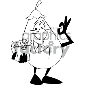 black and white cartoon eggplant eating french fries clipart.