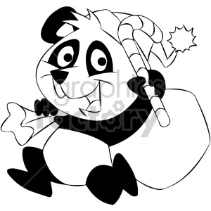 black and white cartoon panda bear with christmas bag clipart.