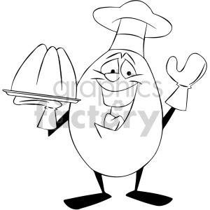 clipart - black and white cartoon egg chef character.