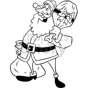 clipart - black and white cartoon Santa holding gift bag clipart.