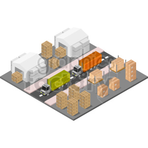 warehouse and trucks isometric vector clipart .