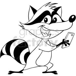 black and white cartoon clipart raccoon checking phone .