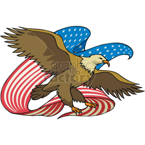 An eagle flying with a patriotic ribbon