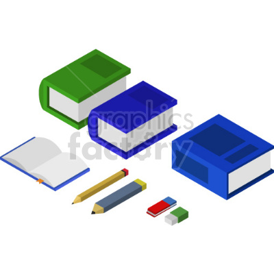 The clipart image shows a group of education supplies, specifically school books, arranged in an isometric perspective. The image likely represents the idea of a class or educational setting where students use textbooks and other learning materials.