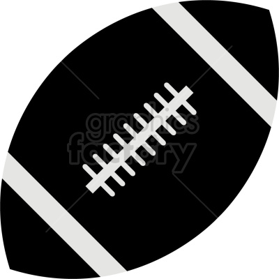 The clipart image shows a black and white vector illustration of a football, which is an oval-shaped ball used in the sport of American football. The image depicts the classic lacing pattern of a football with a curved end at each side.