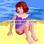 A girl in a blue and white polka dotted bathing suit sitting on the beach clipart.