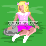 A little girl in pink petting a gray cat clipart.