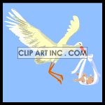 Animated stork flying through the air with a baby clipart.