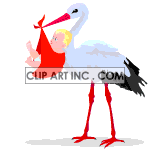 An animated stork swinging a baby in a red blanket clipart. Royalty-free image # 120974