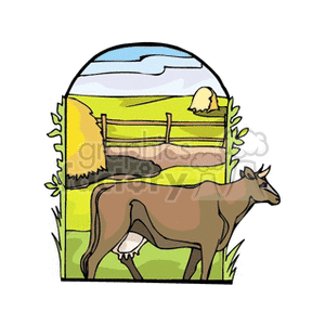   straw hay stack milk cows cow golden farm farms field fields fence  two railed brown cow121.gif Clip Art Agriculture 