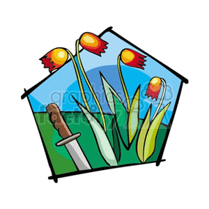 Tulips growing in a green field clipart.