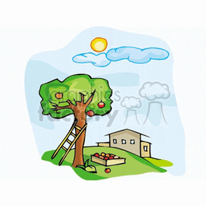 clipart - Ladder propped against apple tree.