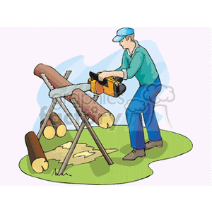 clipart - Man cutting logs with a chainsaw.