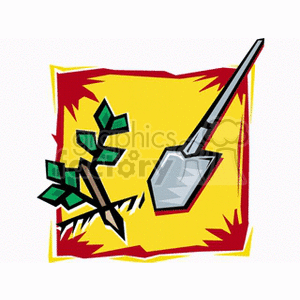 Shovel next to small seedling plant clipart. Commercial use image # 128671