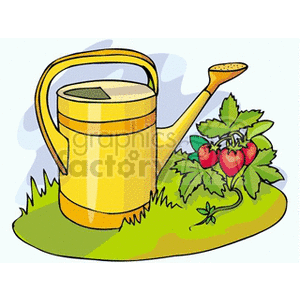 Large yellow watering can next to fresh ripe strawberries clipart.