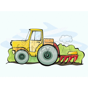 Yellow tractor pulling red plow through soil clipart.