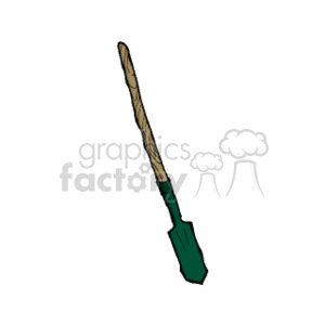 The clipart image shows a trenching shovel, which is a type of tool used for digging narrow trenches or ditches in the ground. It consists of a long handle and a flat blade with pointed edges, designed to penetrate soil and loosen it for removal.
