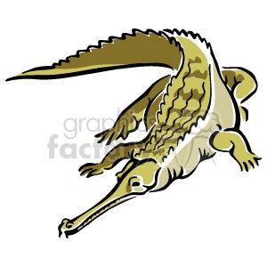 This is a clipart image of an alligator or crocodile depicted in a dynamic, crawling posture. It has a long snout, a sizeable tail, and its scaly texture is emphasized through the shading and coloring of the illustration.