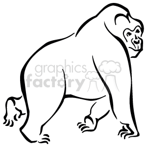 A black and white drawing of a gorilla is depicted in this image. The gorilla is depicted in a profile view, with its head and body facing towards the right side of the image.