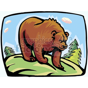 Grizzly bear walking down the side of a green hill clipart.