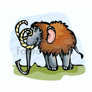 This clipart image depicts a cartoon of a woolly mammoth, an extinct relative of modern-day elephants. The mammoth is characterized by its large size, long curved tusks, and shaggy brown fur. It is standing on a patch of green grass with a stylized light blue background that may suggest the sky.