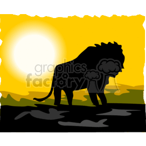 The clipart image shows a silhouette of a male lion standing on a rocky terrain against the backdrop of a sunset or dusk sky. The lion has a prominent mane around its head and is shown in a regal pose, depicting it as the king of the jungle. This image can be used to represent lions, felines, wild animals, zoos, endangered species, and wildlife conservation.
