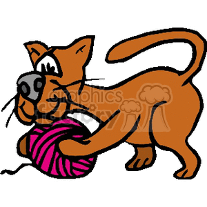Cartoon cat playing with a pink spool of yarn clipart.