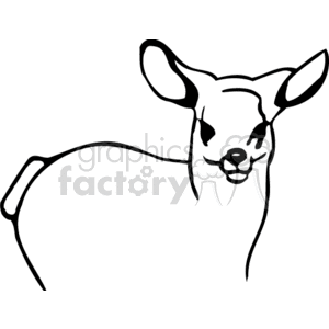 This clipart image features the simple black and white line drawing of a deer, possibly a fawn due to its gentle and youthful features. The deer is facing forward with one ear visible and its eyes are depicted with a cheerful expression.